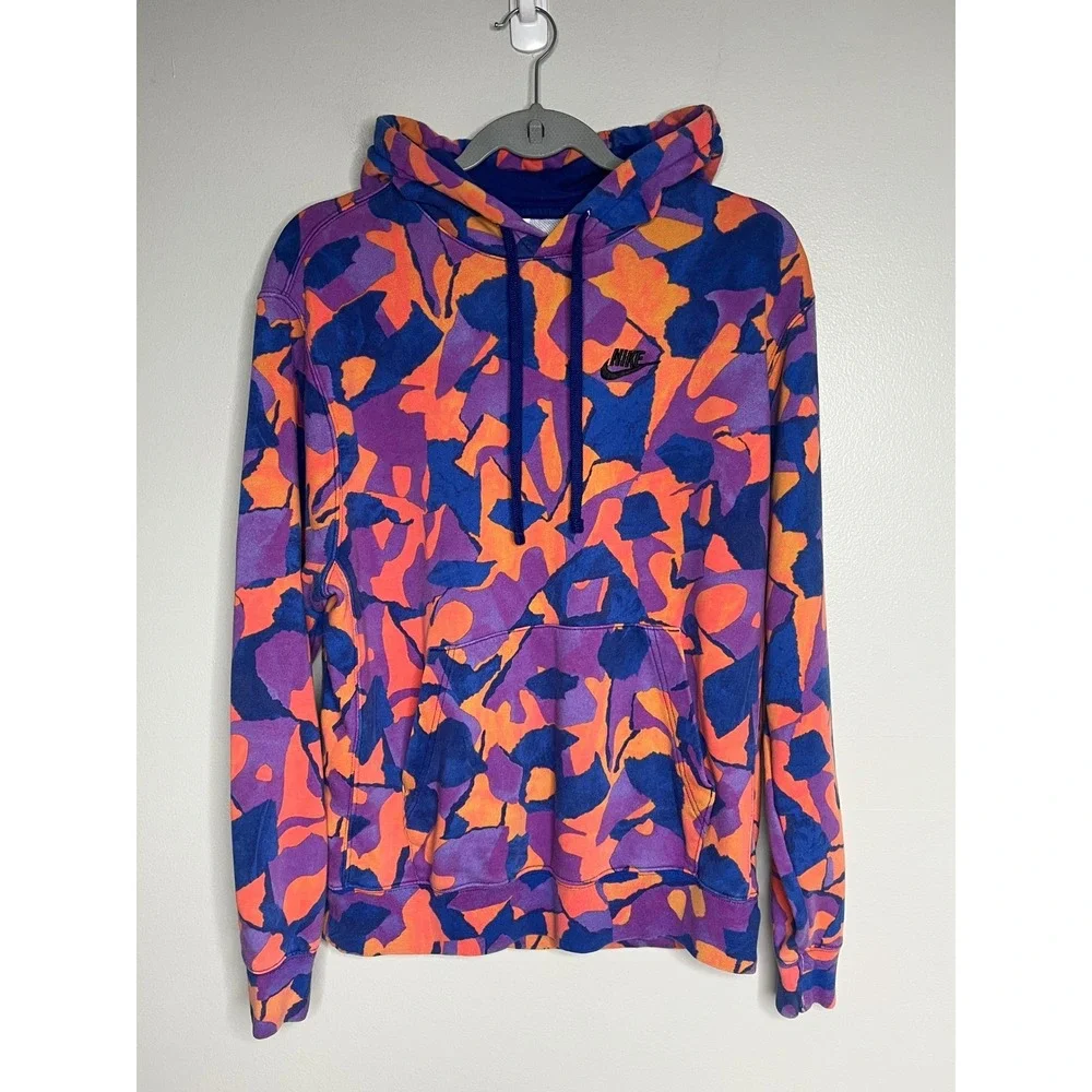 Nike Club Fleece Pullover Hoodie Sweatshirt Abstract Camo Purple Orange‎ Men's M